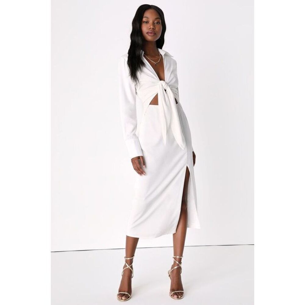 Lulus Long Story Shirt White Long Sleeve Tie-front Midi Dress - Size M